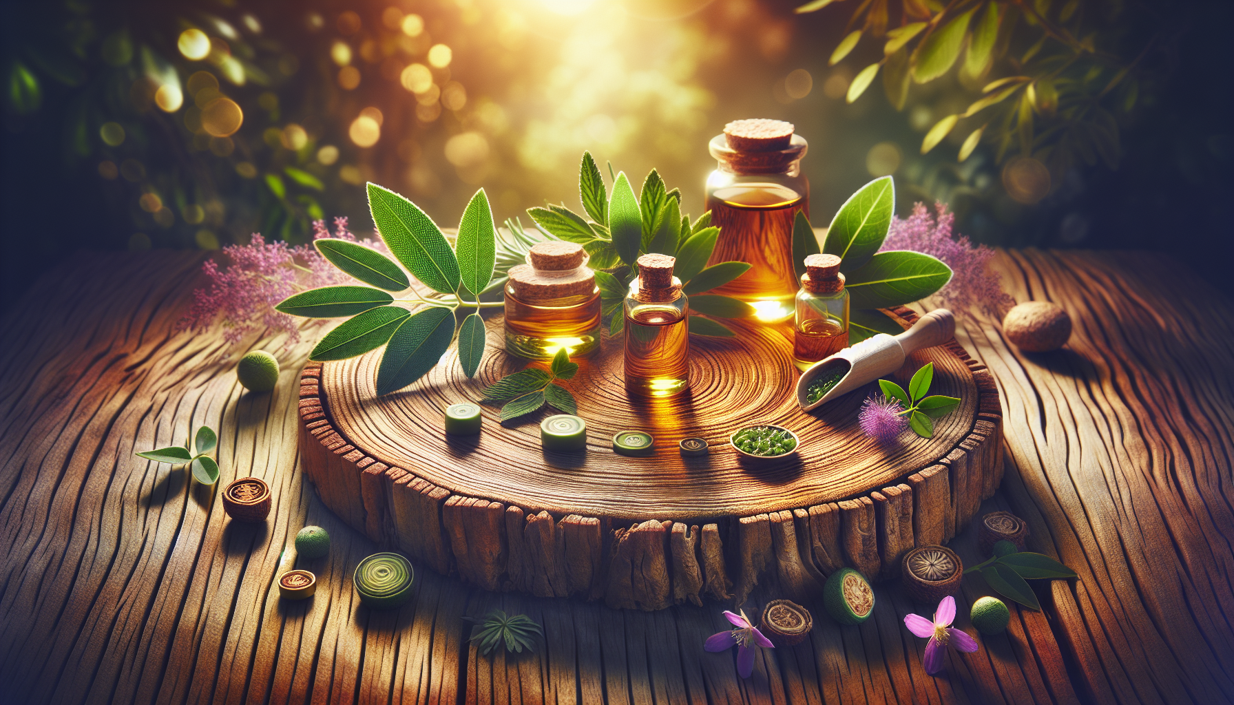 A conceptual illustration representing Beyond Essential Oils: Comprehensive Care for Morning Sickness. Visualize the main ideas: . Creative but clear representation of the concept. Style: Use shallow depth of field with selective focus to create a professional, intimate feel  Employ warm, natural lighting that casts a honey-golden glow on the main subjects  Position items on a rustic wooden surface, preferably a cross-section of a tree trunk with visible rings and natural texture  Incorporate vibrant green foliage and delicate purple flowers around the composition's edges  Maintain a soft, gently blurred natural background with subtle bokeh effect  Feature a harmonious color palette of amber, deep greens, and soft purples  Arrange elements at varying heights to create visual interest and natural flow  Create a clean, uncluttered composition that feels organic yet intentional  Capture fine details and textures with macro-photography techniques  Evoke a serene, botanical spa-like atmosphere that feels both premium and natural. high quality, detailed, professional, clean composition, good lighting, sharp focus, well-composed. high quality, professional, detailed, well-composed