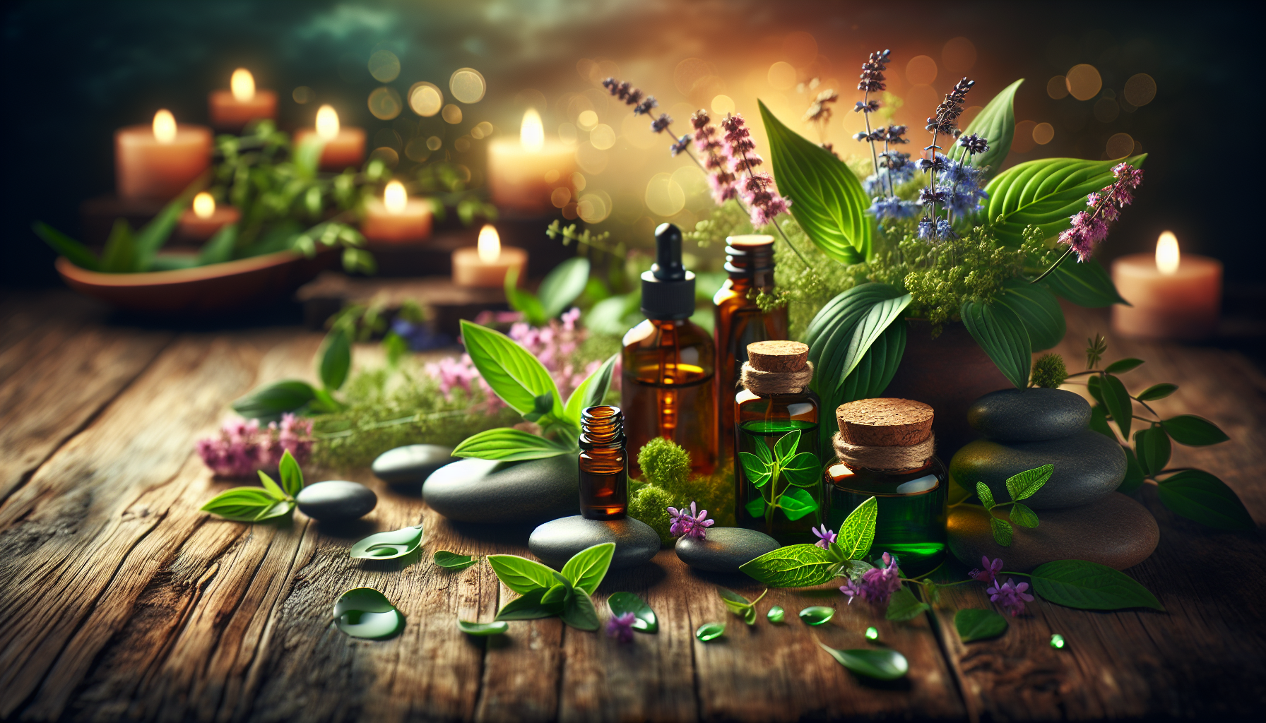 A conceptual illustration representing Conclusion: Embrace Natural Relief. Visualize the main ideas: . Creative but clear representation of the concept. Style: Use shallow depth of field with selective focus to create a professional, intimate feel  Employ warm, natural lighting that casts a honey-golden glow on the main subjects  Position items on a rustic wooden surface, preferably a cross-section of a tree trunk with visible rings and natural texture  Incorporate vibrant green foliage and delicate purple flowers around the composition's edges  Maintain a soft, gently blurred natural background with subtle bokeh effect  Feature a harmonious color palette of amber, deep greens, and soft purples  Arrange elements at varying heights to create visual interest and natural flow  Create a clean, uncluttered composition that feels organic yet intentional  Capture fine details and textures with macro-photography techniques  Evoke a serene, botanical spa-like atmosphere that feels both premium and natural. high quality, detailed, professional, clean composition, good lighting, sharp focus, well-composed. high quality, professional, detailed, well-composed