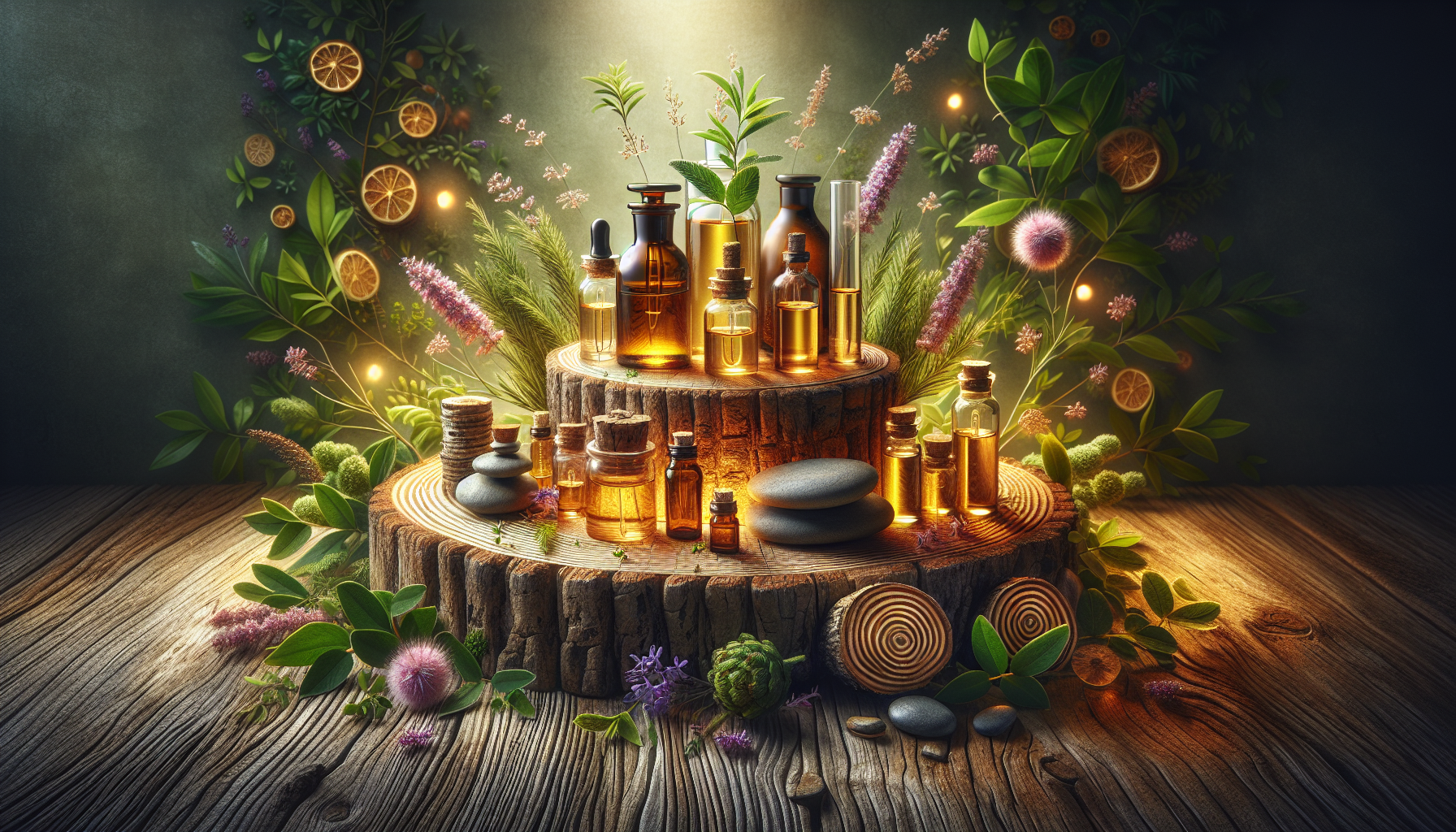 A conceptual illustration representing Scientific Insights on Essential Oils for Allergies. Visualize the main ideas: . Creative but clear representation of the concept. Style: Use shallow depth of field with selective focus to create a professional, intimate feel  Employ warm, natural lighting that casts a honey-golden glow on the main subjects  Position items on a rustic wooden surface, preferably a cross-section of a tree trunk with visible rings and natural texture  Incorporate vibrant green foliage and delicate purple flowers around the composition's edges  Maintain a soft, gently blurred natural background with subtle bokeh effect  Feature a harmonious color palette of amber, deep greens, and soft purples  Arrange elements at varying heights to create visual interest and natural flow  Create a clean, uncluttered composition that feels organic yet intentional  Capture fine details and textures with macro-photography techniques  Evoke a serene, botanical spa-like atmosphere that feels both premium and natural. high quality, detailed, professional, clean composition, good lighting, sharp focus, well-composed. high quality, professional, detailed, well-composed