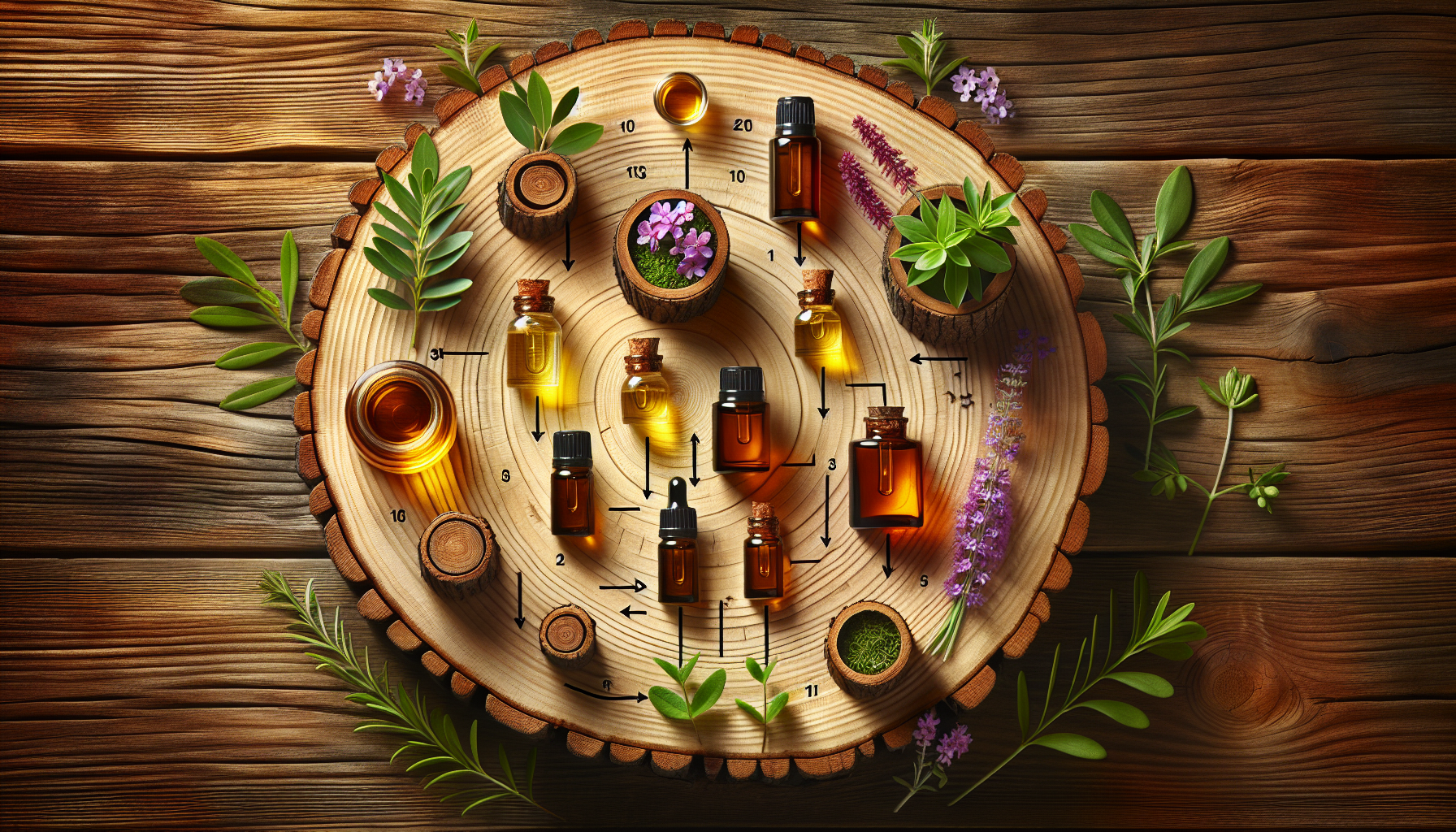 A clear, step-by-step visual illustration showing How to Use Essential Oils Safely and Effectively. Focus on . Include visual elements like arrows, numbered steps, or sequential flow. Professional and instructional style. Style: Use shallow depth of field with selective focus to create a professional, intimate feel  Employ warm, natural lighting that casts a honey-golden glow on the main subjects  Position items on a rustic wooden surface, preferably a cross-section of a tree trunk with visible rings and natural texture  Incorporate vibrant green foliage and delicate purple flowers around the composition's edges  Maintain a soft, gently blurred natural background with subtle bokeh effect  Feature a harmonious color palette of amber, deep greens, and soft purples  Arrange elements at varying heights to create visual interest and natural flow  Create a clean, uncluttered composition that feels organic yet intentional  Capture fine details and textures with macro-photography techniques  Evoke a serene, botanical spa-like atmosphere that feels both premium and natural. high quality, detailed, professional, clean composition, good lighting, sharp focus, well-composed. high quality, professional, detailed, well-composed