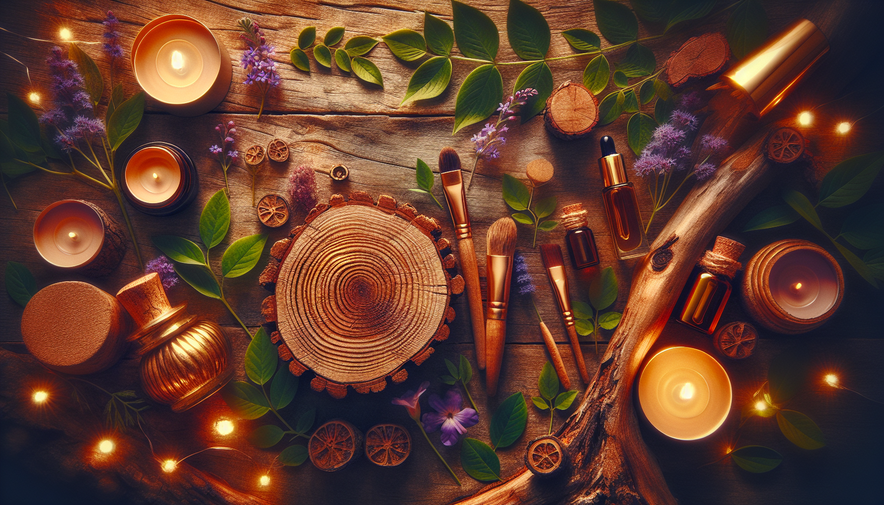 A conceptual illustration representing Conclusion: Embrace the Season with Confidence. Visualize the main ideas: . Creative but clear representation of the concept. Style: Use shallow depth of field with selective focus to create a professional, intimate feel  Employ warm, natural lighting that casts a honey-golden glow on the main subjects  Position items on a rustic wooden surface, preferably a cross-section of a tree trunk with visible rings and natural texture  Incorporate vibrant green foliage and delicate purple flowers around the composition's edges  Maintain a soft, gently blurred natural background with subtle bokeh effect  Feature a harmonious color palette of amber, deep greens, and soft purples  Arrange elements at varying heights to create visual interest and natural flow  Create a clean, uncluttered composition that feels organic yet intentional  Capture fine details and textures with macro-photography techniques  Evoke a serene, botanical spa-like atmosphere that feels both premium and natural. high quality, detailed, professional, clean composition, good lighting, sharp focus, well-composed. high quality, professional, detailed, well-composed