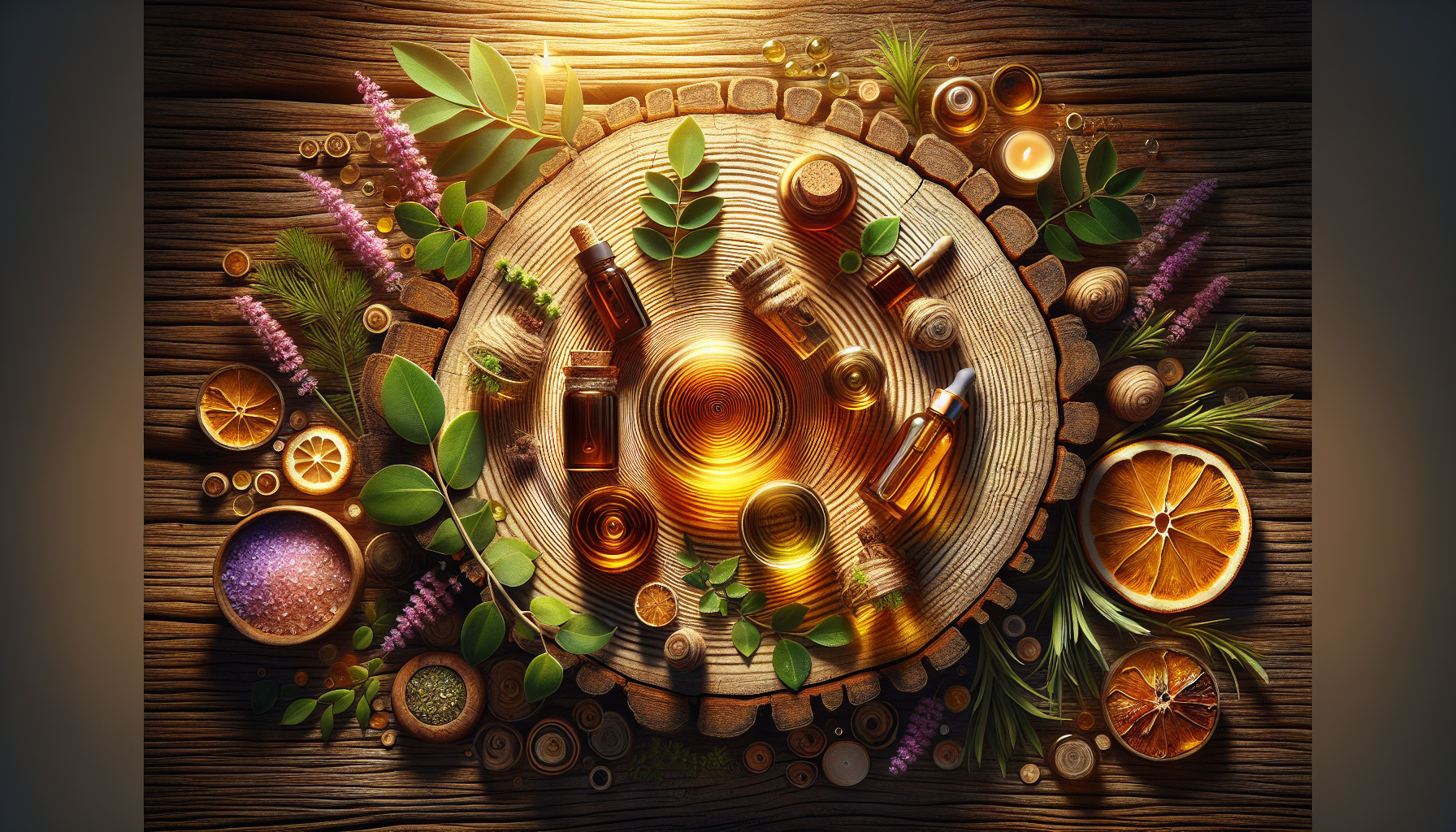 A conceptual illustration representing Introduction - A Breath of Fresh Performance. Visualize the main ideas: . Creative but clear representation of the concept. Style: Use shallow depth of field with selective focus to create a professional, intimate feel  Employ warm, natural lighting that casts a honey-golden glow on the main subjects  Position items on a rustic wooden surface, preferably a cross-section of a tree trunk with visible rings and natural texture  Incorporate vibrant green foliage and delicate purple flowers around the composition's edges  Maintain a soft, gently blurred natural background with subtle bokeh effect  Feature a harmonious color palette of amber, deep greens, and soft purples  Arrange elements at varying heights to create visual interest and natural flow  Create a clean, uncluttered composition that feels organic yet intentional  Capture fine details and textures with macro-photography techniques  Evoke a serene, botanical spa-like atmosphere that feels both premium and natural. high quality, detailed, professional, clean composition, good lighting, sharp focus, well-composed. high quality, professional, detailed, well-composed