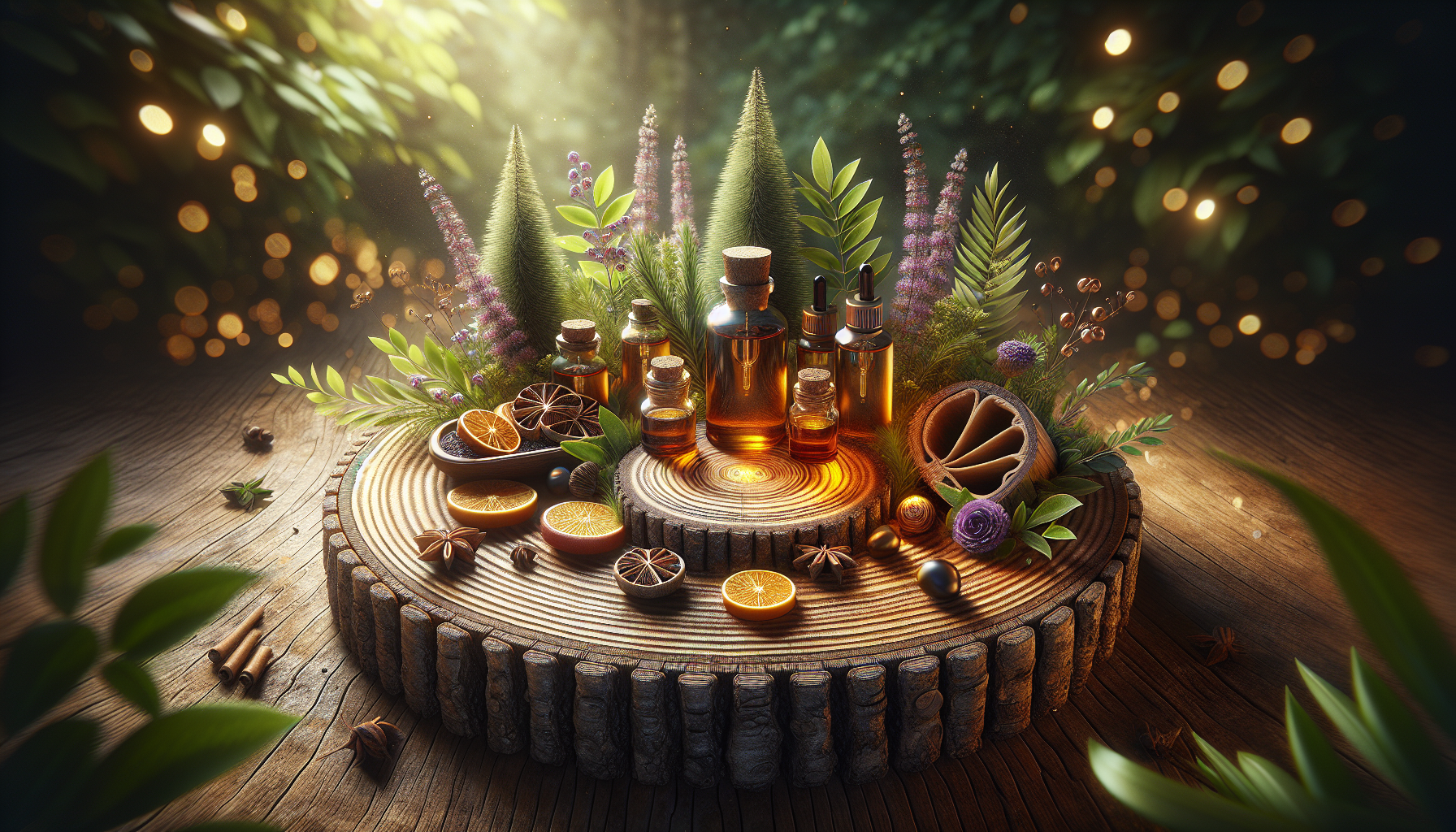 A conceptual illustration representing Performance Enhancement with Essential Oils. Visualize the main ideas: . Creative but clear representation of the concept. Style: Use shallow depth of field with selective focus to create a professional, intimate feel  Employ warm, natural lighting that casts a honey-golden glow on the main subjects  Position items on a rustic wooden surface, preferably a cross-section of a tree trunk with visible rings and natural texture  Incorporate vibrant green foliage and delicate purple flowers around the composition's edges  Maintain a soft, gently blurred natural background with subtle bokeh effect  Feature a harmonious color palette of amber, deep greens, and soft purples  Arrange elements at varying heights to create visual interest and natural flow  Create a clean, uncluttered composition that feels organic yet intentional  Capture fine details and textures with macro-photography techniques  Evoke a serene, botanical spa-like atmosphere that feels both premium and natural. high quality, detailed, professional, clean composition, good lighting, sharp focus, well-composed. high quality, professional, detailed, well-composed