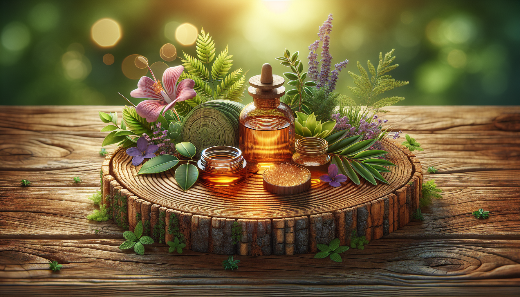 A conceptual illustration representing Recovery and Relaxation Benefits. Visualize the main ideas: . Creative but clear representation of the concept. Style: Use shallow depth of field with selective focus to create a professional, intimate feel  Employ warm, natural lighting that casts a honey-golden glow on the main subjects  Position items on a rustic wooden surface, preferably a cross-section of a tree trunk with visible rings and natural texture  Incorporate vibrant green foliage and delicate purple flowers around the composition's edges  Maintain a soft, gently blurred natural background with subtle bokeh effect  Feature a harmonious color palette of amber, deep greens, and soft purples  Arrange elements at varying heights to create visual interest and natural flow  Create a clean, uncluttered composition that feels organic yet intentional  Capture fine details and textures with macro-photography techniques  Evoke a serene, botanical spa-like atmosphere that feels both premium and natural. high quality, detailed, professional, clean composition, good lighting, sharp focus, well-composed. high quality, professional, detailed, well-composed