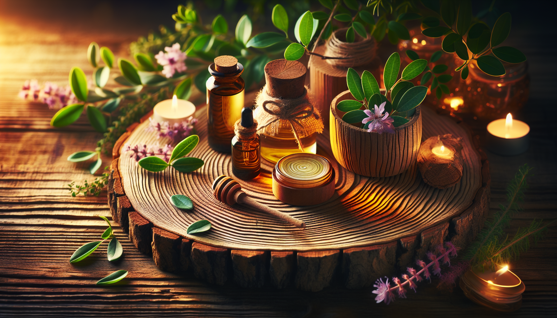 A conceptual illustration representing Methods of Application. Visualize the main ideas: . Creative but clear representation of the concept. Style: Use shallow depth of field with selective focus to create a professional, intimate feel  Employ warm, natural lighting that casts a honey-golden glow on the main subjects  Position items on a rustic wooden surface, preferably a cross-section of a tree trunk with visible rings and natural texture  Incorporate vibrant green foliage and delicate purple flowers around the composition's edges  Maintain a soft, gently blurred natural background with subtle bokeh effect  Feature a harmonious color palette of amber, deep greens, and soft purples  Arrange elements at varying heights to create visual interest and natural flow  Create a clean, uncluttered composition that feels organic yet intentional  Capture fine details and textures with macro-photography techniques  Evoke a serene, botanical spa-like atmosphere that feels both premium and natural. high quality, detailed, professional, clean composition, good lighting, sharp focus, well-composed. high quality, professional, detailed, well-composed