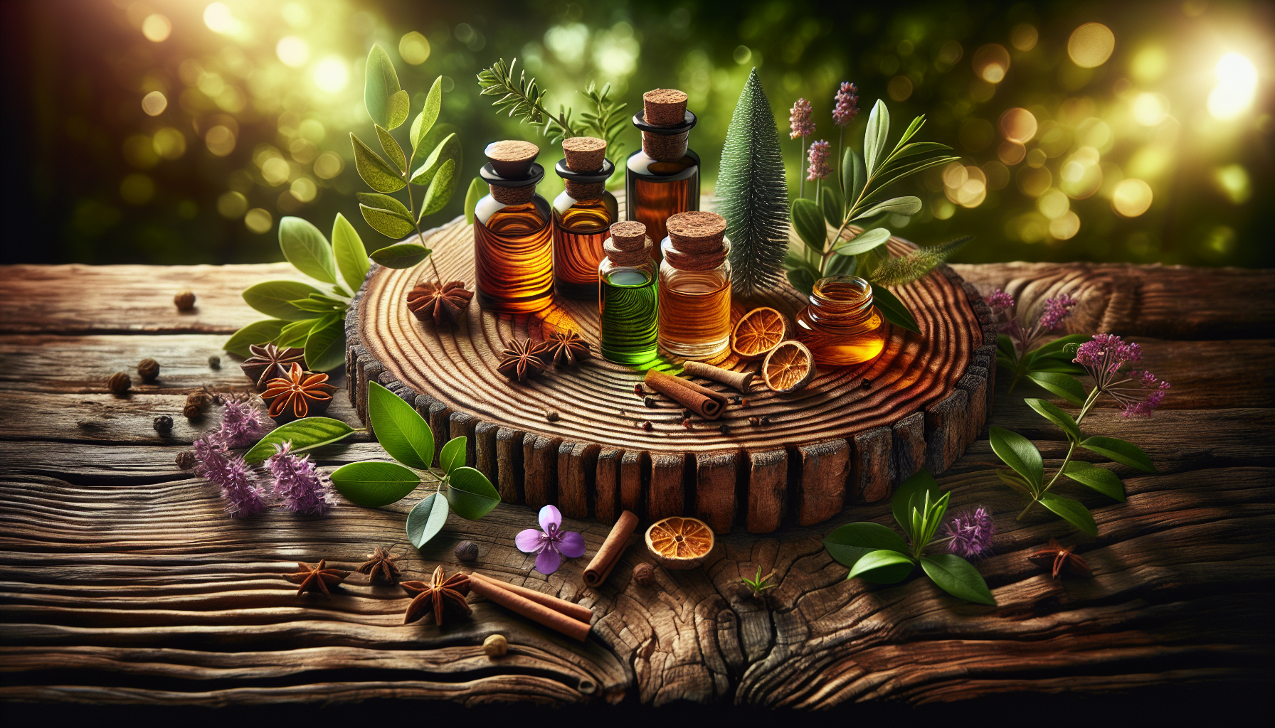 A conceptual illustration representing The Science Behind the Scents. Visualize the main ideas: . Creative but clear representation of the concept. Style: Use shallow depth of field with selective focus to create a professional, intimate feel  Employ warm, natural lighting that casts a honey-golden glow on the main subjects  Position items on a rustic wooden surface, preferably a cross-section of a tree trunk with visible rings and natural texture  Incorporate vibrant green foliage and delicate purple flowers around the composition's edges  Maintain a soft, gently blurred natural background with subtle bokeh effect  Feature a harmonious color palette of amber, deep greens, and soft purples  Arrange elements at varying heights to create visual interest and natural flow  Create a clean, uncluttered composition that feels organic yet intentional  Capture fine details and textures with macro-photography techniques  Evoke a serene, botanical spa-like atmosphere that feels both premium and natural. high quality, detailed, professional, clean composition, good lighting, sharp focus, well-composed. high quality, professional, detailed, well-composed